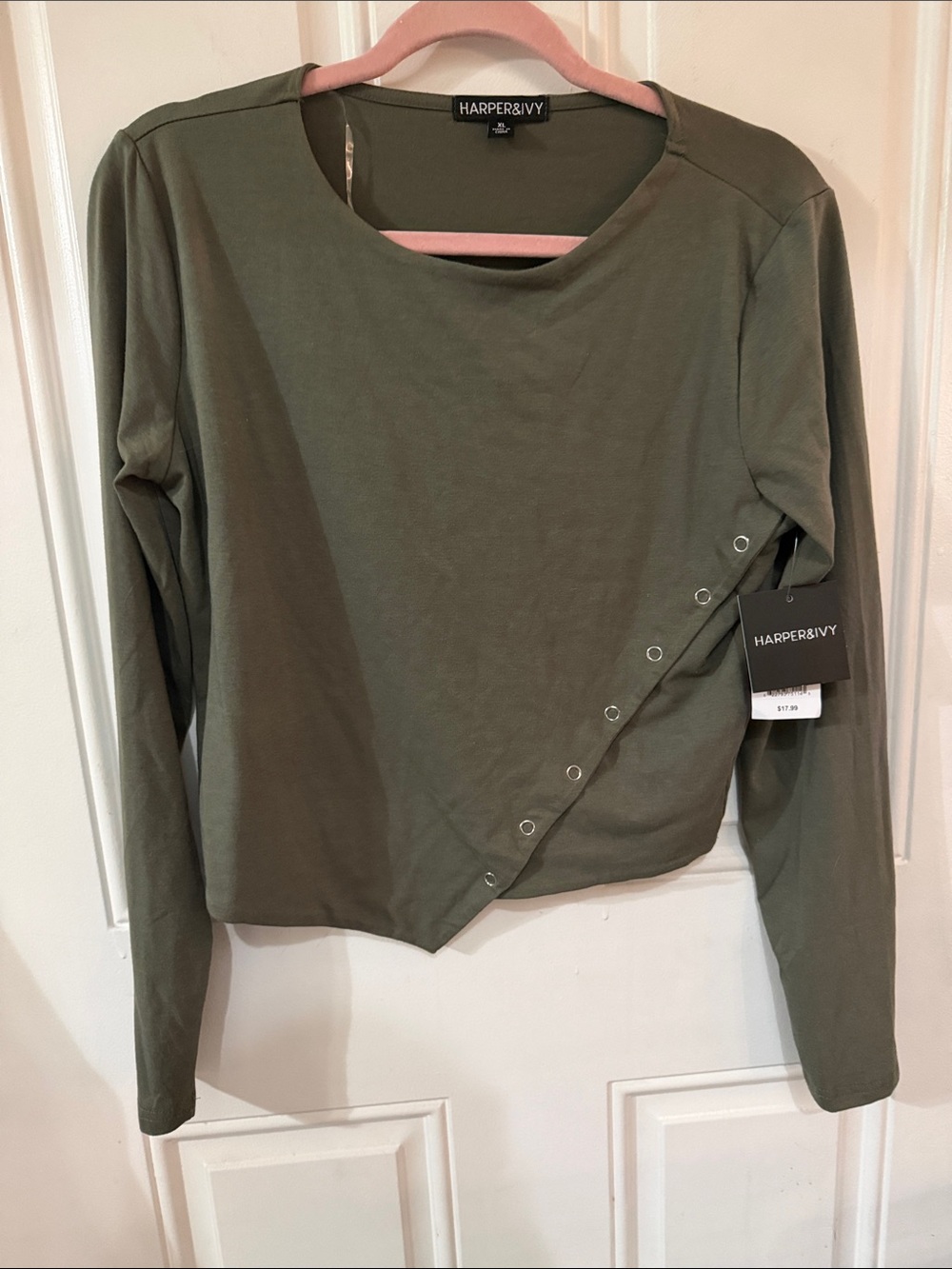Harper Olive Green Long-Sleeve Asymmetrical Snap Top